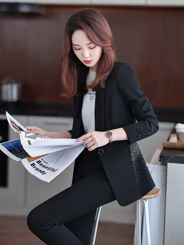 Női hivatalos munkaruha blézer nadrágkosztüm kék fehér fekete 2 részes női tömör kabát kabát és nadrág irodai hölgyeknek