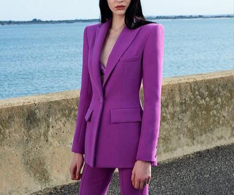 Kiváló minőségű, legújabb, 2022-es tervezői öltöny szett női egygombos blézeres, lobogó nadrágkosztüm, fluoreszkáló lila és sárga