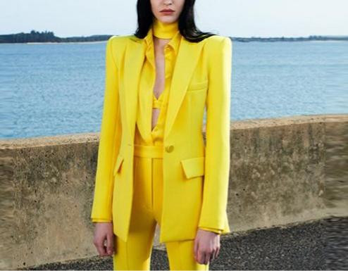 Kiváló minőségű, legújabb, 2022-es tervezői öltöny szett női egygombos blézeres, lobogó nadrágkosztüm, fluoreszkáló lila és sárga