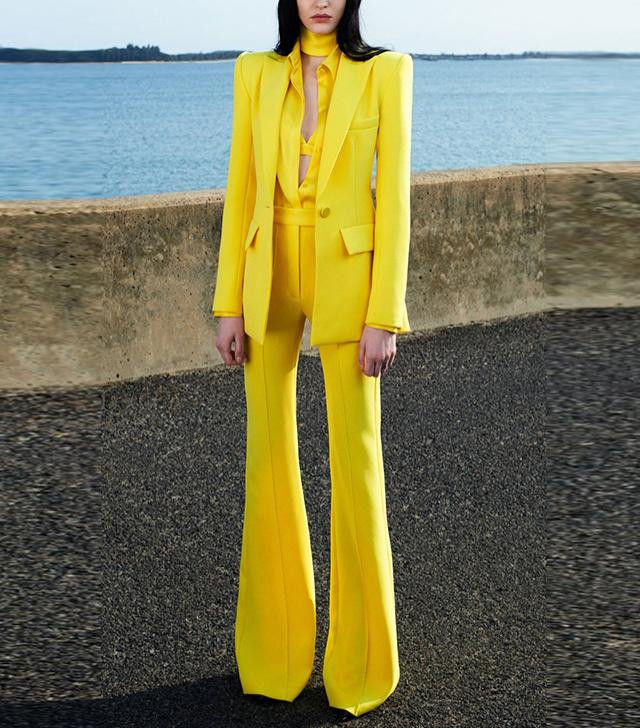 Kiváló minőségű, legújabb, 2022-es tervezői öltöny szett női egygombos blézeres, lobogó nadrágkosztüm, fluoreszkáló lila és sárga