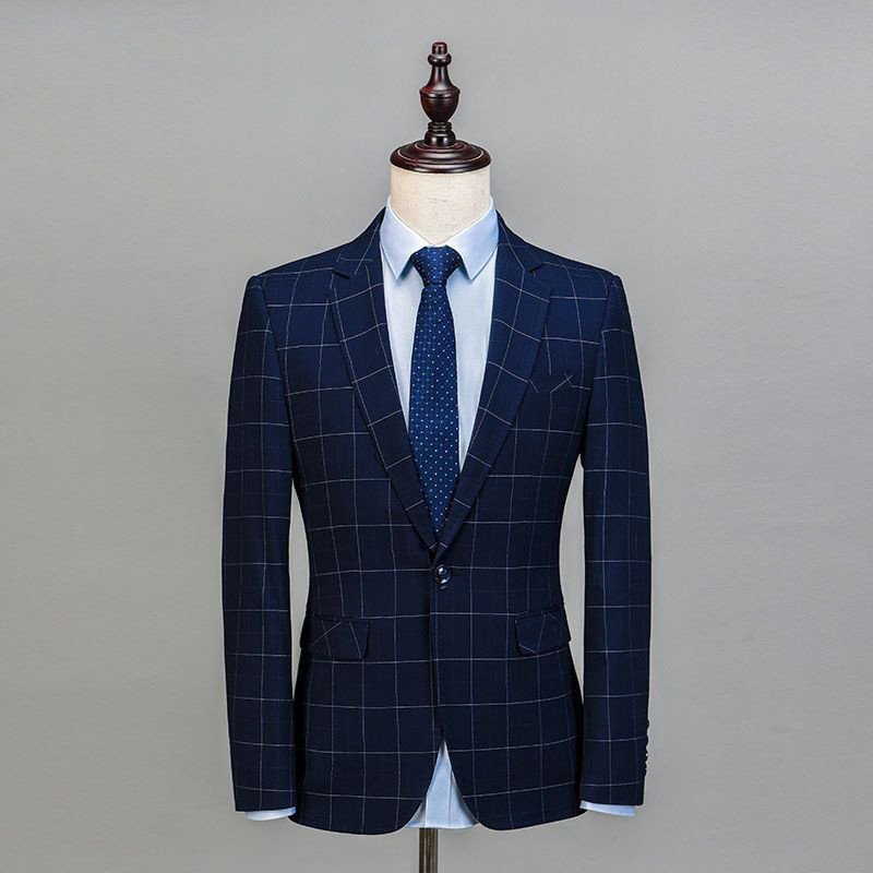 Férfi kockás öltöny, 3 részes, rovátkolt kendő, hajtóka blézer öltöny, formális szmoking öltöny, 2020 királykék (blézer + mellény + nadrág)