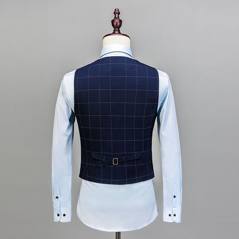 Férfi kockás öltöny, 3 részes, rovátkolt kendő, hajtóka blézer öltöny, formális szmoking öltöny, 2020 királykék (blézer + mellény + nadrág)