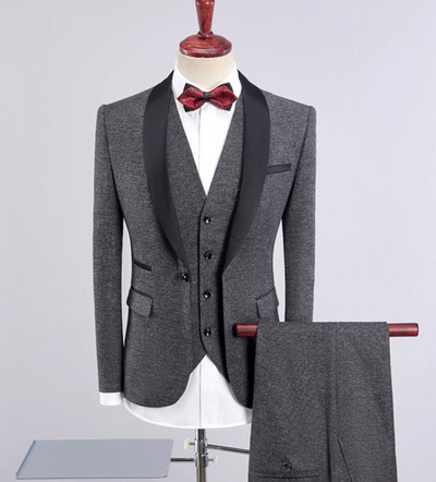 Divatos 3 részes férfi öltönyök kendő hajtóka szmoking vőfély blézer + mellény + nadrág szett esküvőre