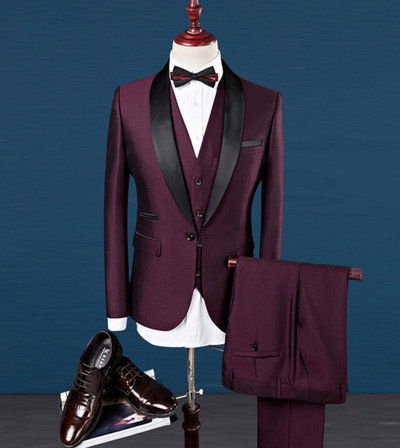 Divatos 3 részes férfi öltönyök kendő hajtóka szmoking vőfély blézer + mellény + nadrág szett esküvőre