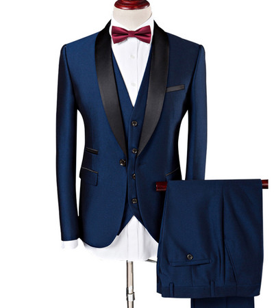 Divatos 3 részes férfi öltönyök kendő hajtóka szmoking vőfély blézer + mellény + nadrág szett esküvőre