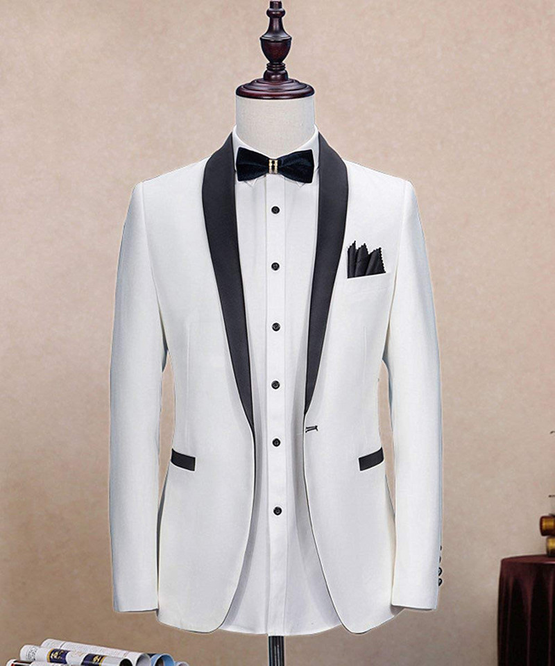 Divatos 3 részes férfi öltönyök kendő hajtóka szmoking vőfély blézer + mellény + nadrág szett esküvőre