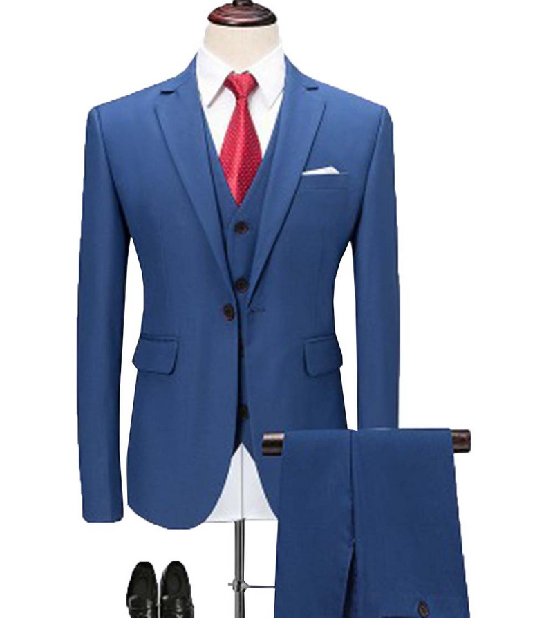 2020-as új, babakék férfi öltöny, 3 részes, bevágásos hajtóka, klasszikus szmoking vőfély esküvőre (blézer+mellény+nadrág)