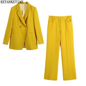 KEYANKETIAN ZA sárga duplasoros blézer női irodai dzseki hosszú ujjú női blézer tavaszi retro dzseki női