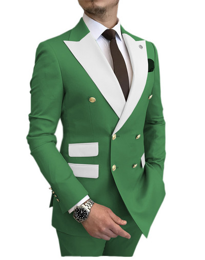 Kétrészes férfi öltöny, kétsoros, hajtókás dzseki, kényelmes üzleti alkalmi öltöny esküvői vőfélynek (blézer + nadrág)