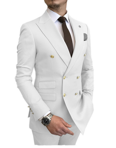 Kétrészes férfi öltöny, kétsoros, hajtókás dzseki, kényelmes üzleti alkalmi öltöny esküvői vőfélynek (blézer + nadrág)