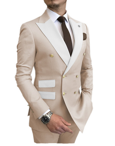 Kétrészes férfi öltöny, kétsoros, hajtókás dzseki, kényelmes üzleti alkalmi öltöny esküvői vőfélynek (blézer + nadrág)