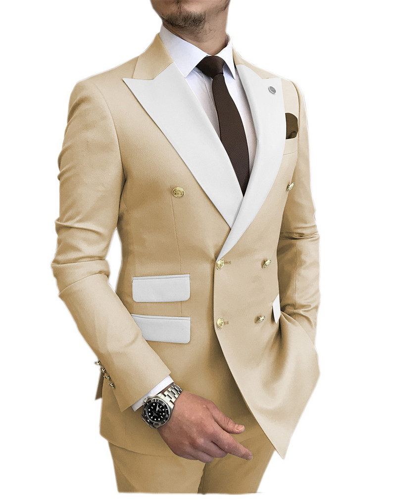 Kétrészes férfi öltöny, kétsoros, hajtókás dzseki, kényelmes üzleti alkalmi öltöny esküvői vőfélynek (blézer + nadrág)
