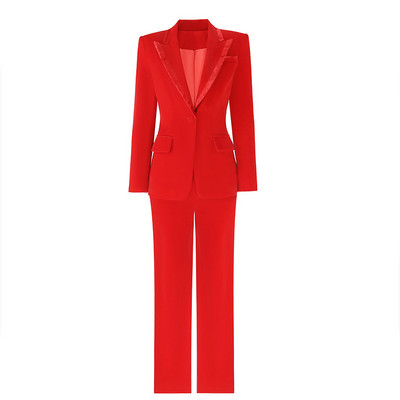 Нови секси дамски комплекти от 2 части от 2022 г. Червен кадифен анцуг Качествен блейзър и панталони за дамски офис Луксозен дизайн