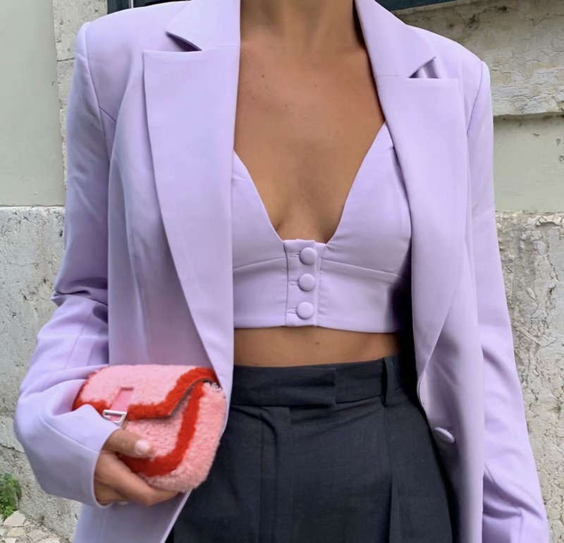 2022 tavaszi és őszi új lila öltöny, háromrészes, középhosszú női kabát + V-nyakú nadrágtartó + magas derekú rövidnadrág