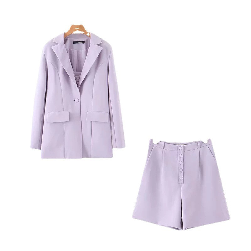 2022 tavaszi és őszi új lila öltöny, háromrészes, középhosszú női kabát + V-nyakú nadrágtartó + magas derekú rövidnadrág