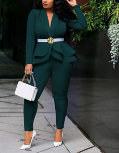 2022-es kétrészes női zöld gyümölcsgalléros öltöny irodai alkalmi kabát és nadrág, tavasz és ősz