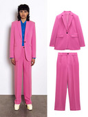 2022. tavaszi új női, sokoldalú gombos, karcsúsított alkalmi blézer és sötét fukszia magas derekú, egyenes, divatos alkalmi nadrág