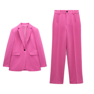 2022. tavaszi új női, sokoldalú gombos, karcsúsított alkalmi blézer és sötét fukszia magas derekú, egyenes, divatos alkalmi nadrág