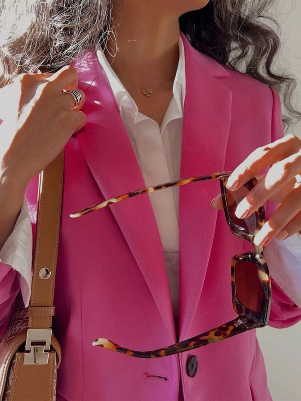 2022. tavaszi új női, sokoldalú gombos, karcsúsított alkalmi blézer és sötét fukszia magas derekú, egyenes, divatos alkalmi nadrág