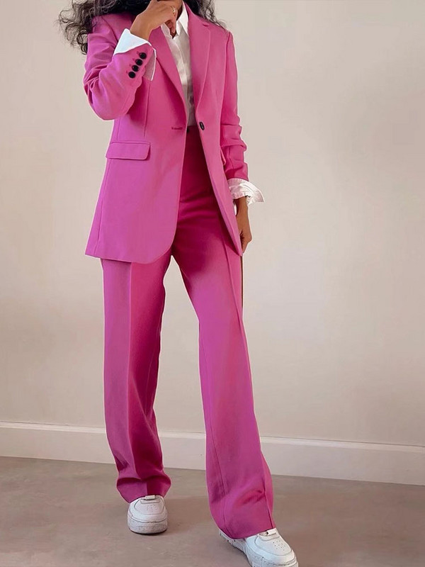 2022. tavaszi új női, sokoldalú gombos, karcsúsított alkalmi blézer és sötét fukszia magas derekú, egyenes, divatos alkalmi nadrág