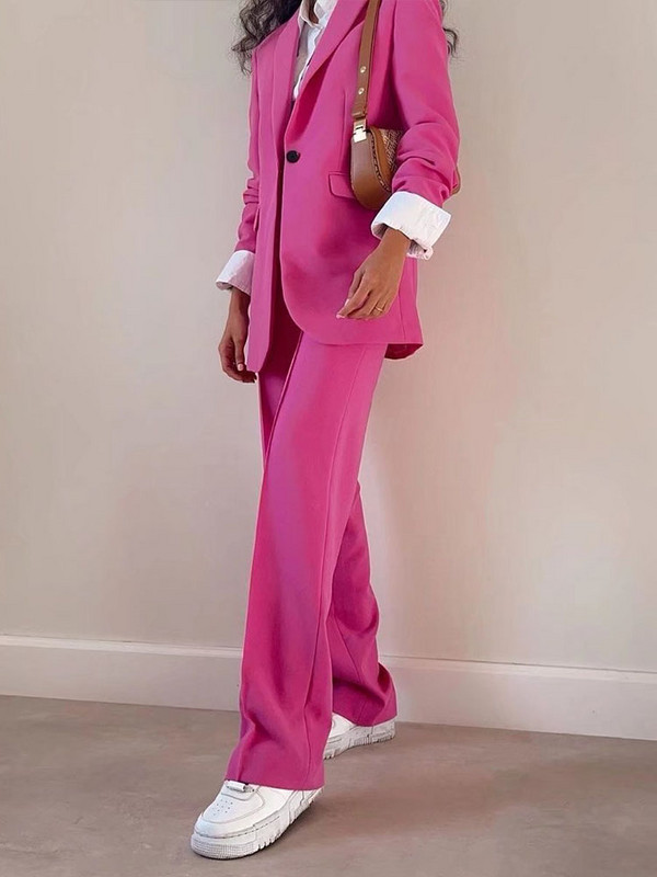2022. tavaszi új női, sokoldalú gombos, karcsúsított alkalmi blézer és sötét fukszia magas derekú, egyenes, divatos alkalmi nadrág