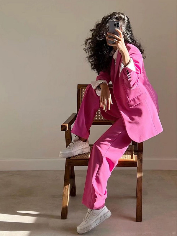 2022. tavaszi új női, sokoldalú gombos, karcsúsított alkalmi blézer és sötét fukszia magas derekú, egyenes, divatos alkalmi nadrág