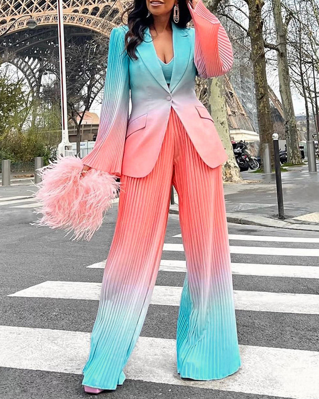 2022 tavaszi és nyári új női kétrészes öltöny, színátmenetes öltöny kabát + redős nadrág Öltöny elhelyezése