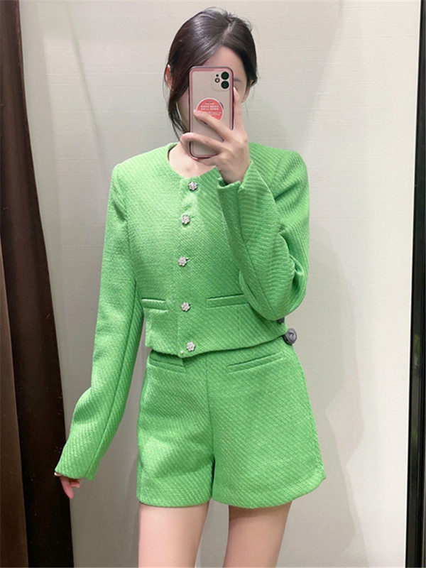 2022. őszi új, 2 részes női szett, temperamentumos ingázó texturált zöld rövid dzseki + rövidnadrágok, divatos öltöny
