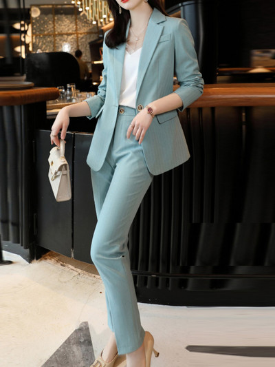 Tavaszi divat, alkalmi női blézer nadrágkosztüm, hosszú ujjú karcsú kabát és ceruzanadrág, 2 részes szett, női nadrágkosztüm
