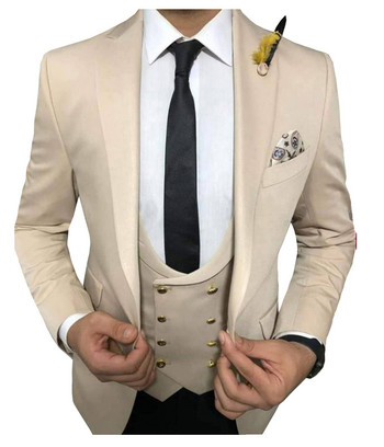 Мъжки костюми 3 бр. Slim Fit Бизнес костюми Groom Army Green Noble Grey White Tuxedos за официален сватбен костюм (блейзър+панталон+жилетка)