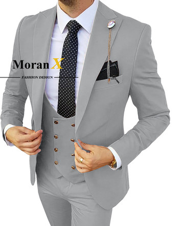 MoranX Мъжки костюми Regular Fit 3 части Peak Lapel Двуредно бизнес блейзър жилетка Комплект панталони Сватбени младоженци Royal Blue