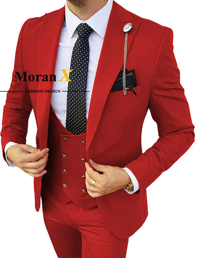 MoranX férfi öltönyök, normál szabású, 3 darabos csúcs hajtóka duplasoros üzleti blézer mellény nadrág szett esküvői vőlegények királykék