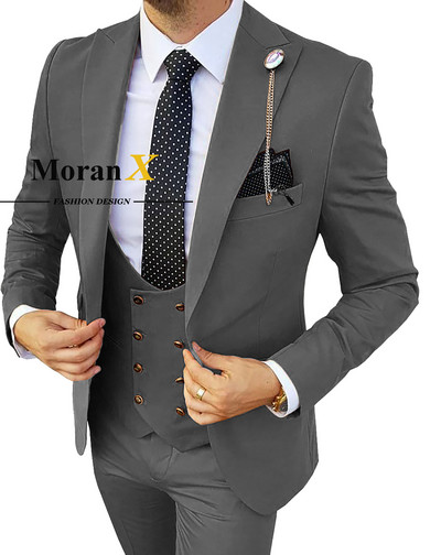 MoranX férfi öltönyök, normál szabású, 3 darabos csúcs hajtóka duplasoros üzleti blézer mellény nadrág szett esküvői vőlegények királykék