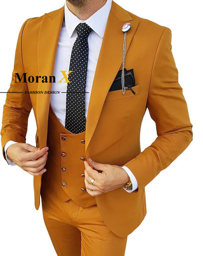 MoranX férfi öltönyök, normál szabású, 3 darabos csúcs hajtóka duplasoros üzleti blézer mellény nadrág szett esküvői vőlegények királykék