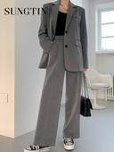 Sungtin kétrészes szett női öltönyök blézer dzseki kabát túlméretezett vintage magas derekú széles szárú nadrág női koreai irodai női ruhák