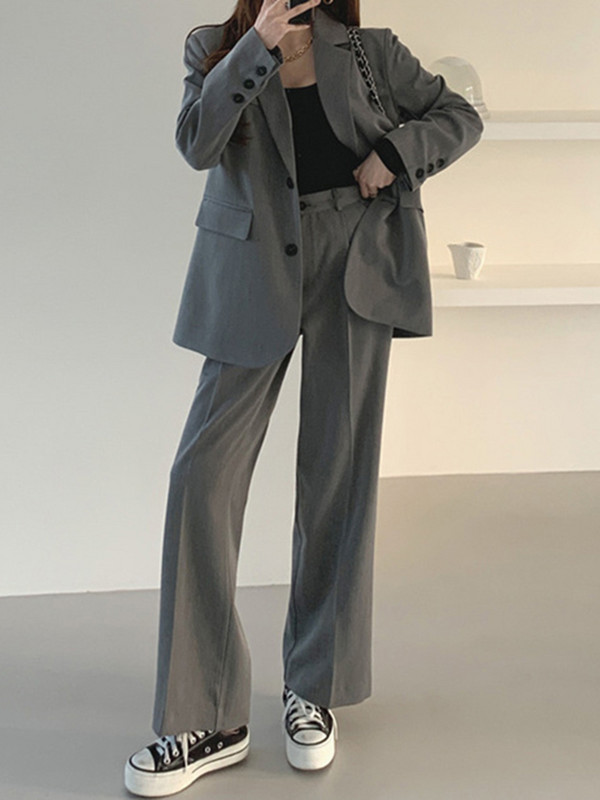 Sungtin kétrészes szett női öltönyök blézer dzseki kabát túlméretezett vintage magas derekú széles szárú nadrág női koreai irodai női ruhák