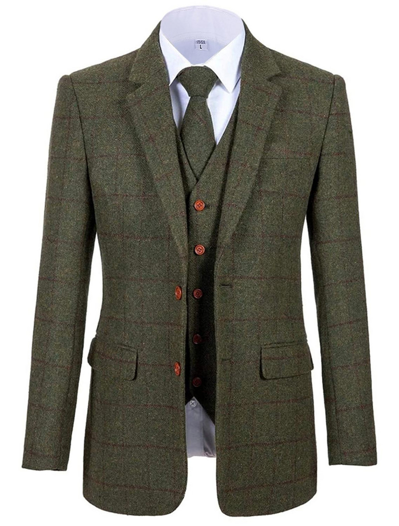 3 részes férfi öltönyök, hivatalos, bevágásos hajtókás Vőlegények gyapjú kockás szmokingok bulikra, esküvőre (blézer+mellény+nadrág)