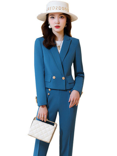 Divat, női, vékony, formális nadrágkosztüm, fehér, kék, sárga, üzleti interjú, munkaruha, rövid blézer és nadrág, 2 részes szett