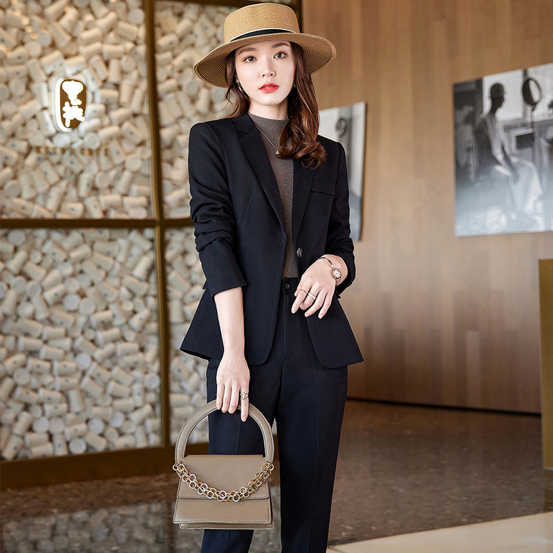 Új érkezés női irodai női klasszikus nadrágkosztüm kávé fekete kék üzleti interjú munkaruha blézer és nadrág 2 részes szett
