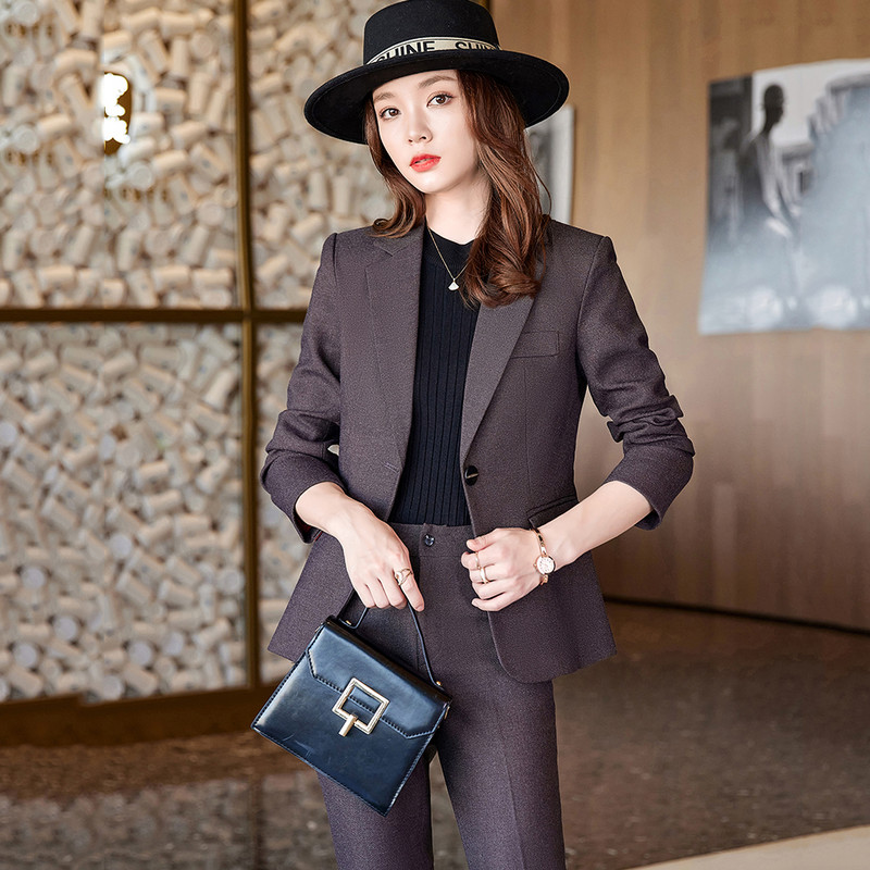 Új érkezés női irodai női klasszikus nadrágkosztüm kávé fekete kék üzleti interjú munkaruha blézer és nadrág 2 részes szett