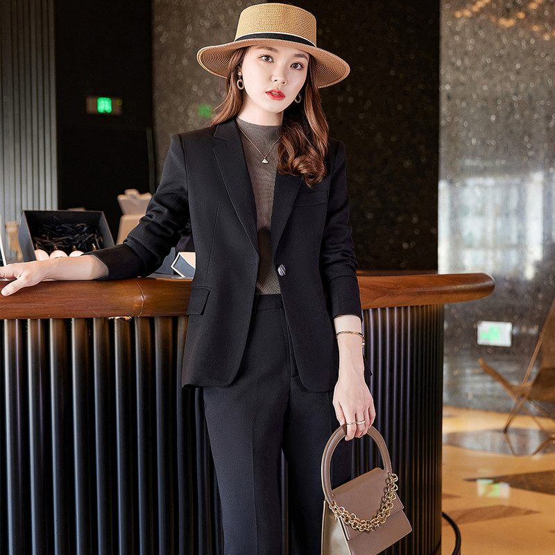 Új érkezés női irodai női klasszikus nadrágkosztüm kávé fekete kék üzleti interjú munkaruha blézer és nadrág 2 részes szett