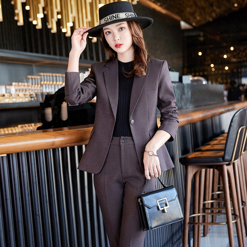 Új érkezés női irodai női klasszikus nadrágkosztüm kávé fekete kék üzleti interjú munkaruha blézer és nadrág 2 részes szett