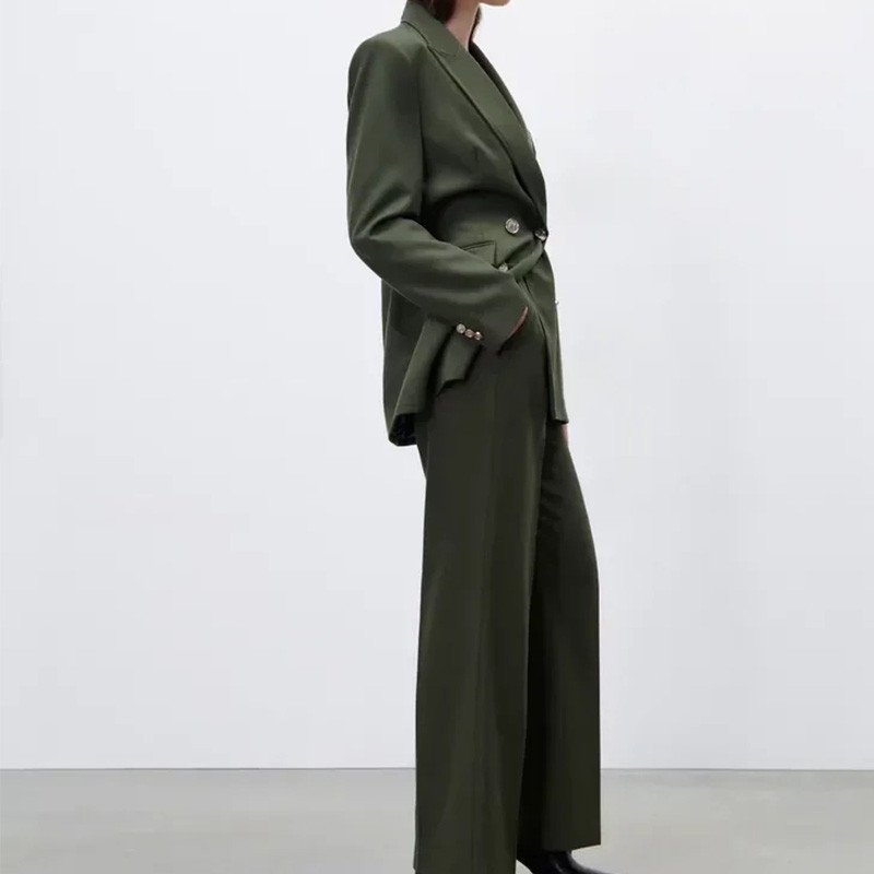 TRAF női öltöny őszi divatos női 2 részes duplasoros blézer és széles szárú nadrág női irodai elegáns blézerruhák