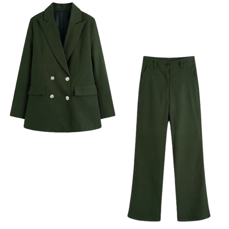 TRAF női öltöny őszi divatos női 2 részes duplasoros blézer és széles szárú nadrág női irodai elegáns blézerruhák