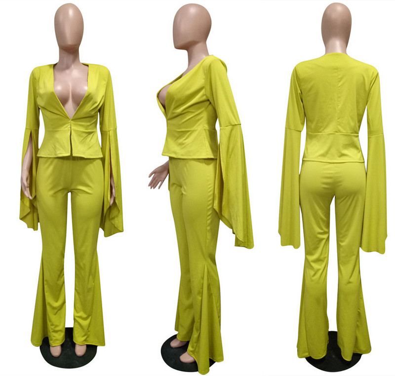 2022-es divatos alkalmi női új, kétrészes szett, egyszínű nagy lengő ujjú felső és kiszélesedő nadrág szett