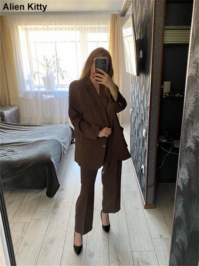 Alien Kitty elegáns tavaszi női szettek Vintage tömör egysoros blézer egyenes, magas derekú nadrágkosztümök irodai női 2 színben