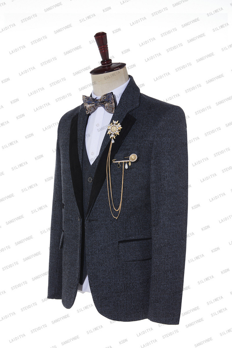 2023 Férfi Kiváló minőségű 3 részes divatos fekete-kék vegyes betűs Partten karcsú szabású férfi öltönyök (kabát+mellény+nadrág)