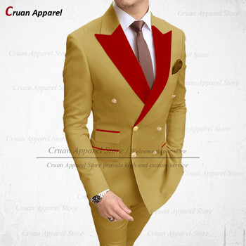 2022 Стилни сватбени мъжки комплект бели костюми Slim Fit Groomsmen Groom Tuxedo Tailored Plus Size Червени кадифени блейзър панталони 2 бр.