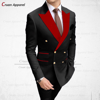 2022 Стилни сватбени мъжки комплект бели костюми Slim Fit Groomsmen Groom Tuxedo Tailored Plus Size Червени кадифени блейзър панталони 2 бр.