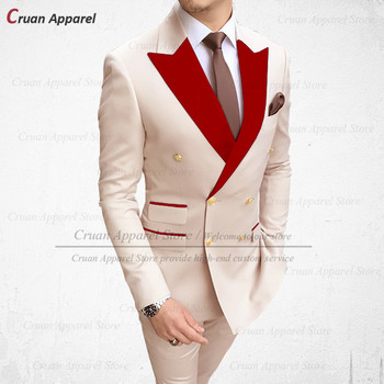 2022 Стилни сватбени мъжки комплект бели костюми Slim Fit Groomsmen Groom Tuxedo Tailored Plus Size Червени кадифени блейзър панталони 2 бр.